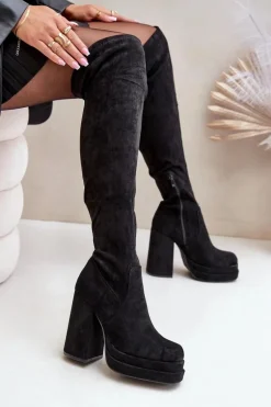 Kozaki Z Cholewką Za Kolano Na Słupku I Platformie Czarne Nadelian