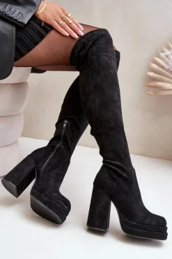 Kozaki Z Cholewką Za Kolano Na Słupku I Platformie Czarne Nadelian