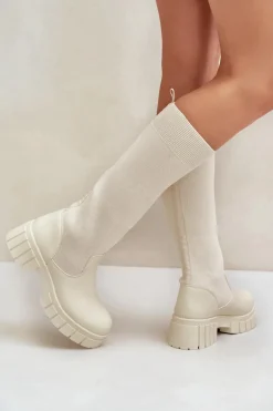 Kozaki Z Elastyczną Cholewką Na Płaskim Obcasie Jasnobeżowe Mesidra