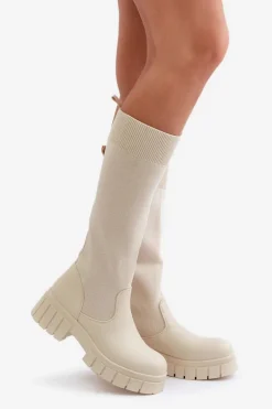 Kozaki Z Elastyczną Cholewką Na Płaskim Obcasie Jasnobeżowe Mesidra