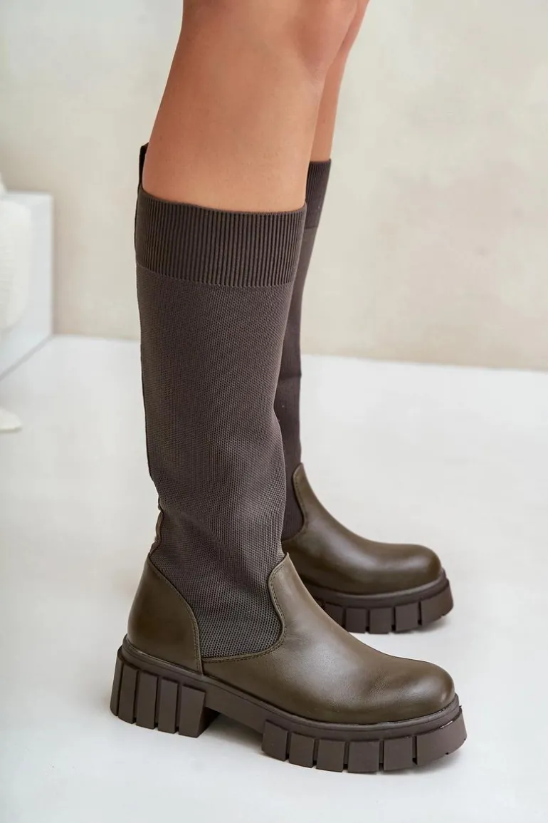 Kozaki Z Elastyczną Cholewką Na Płaskim Obcasie Ciemnozielone Mesidra