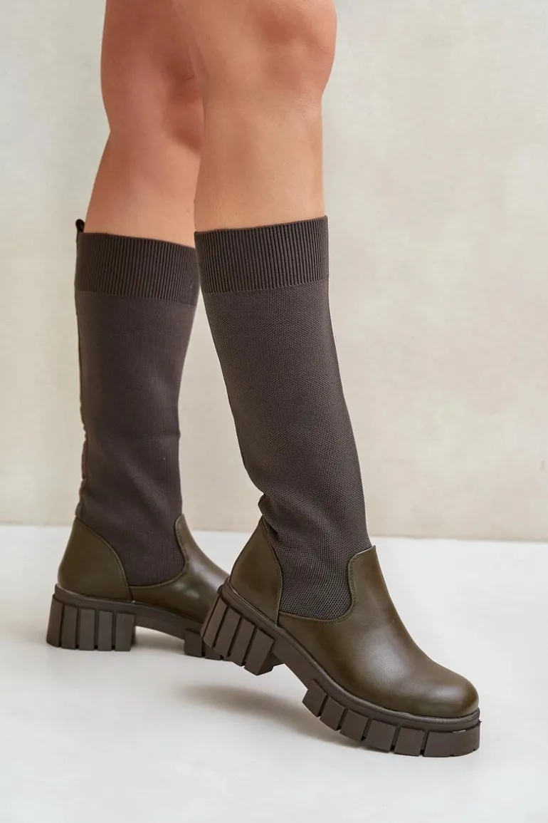 Kozaki Z Elastyczną Cholewką Na Płaskim Obcasie Ciemnozielone Mesidra