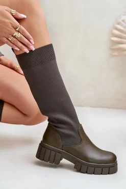 Kozaki Z Elastyczną Cholewką Na Płaskim Obcasie Ciemnozielone Mesidra