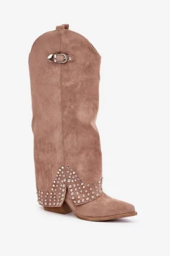 Kozaki Z Wywiniętą Cholewką Na Słupku Ciemnobeżowe Iveliri