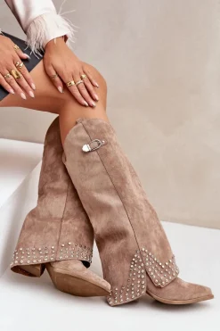 Kozaki Z Wywiniętą Cholewką Na Słupku Ciemnobeżowe Iveliri