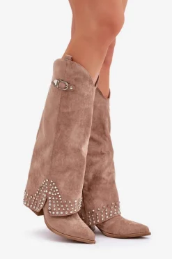 Kozaki Z Wywiniętą Cholewką Na Słupku Ciemnobeżowe Iveliri