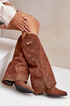 Kozaki Z Wywiniętą Cholewką Na Słupku Brązowe Iveliri