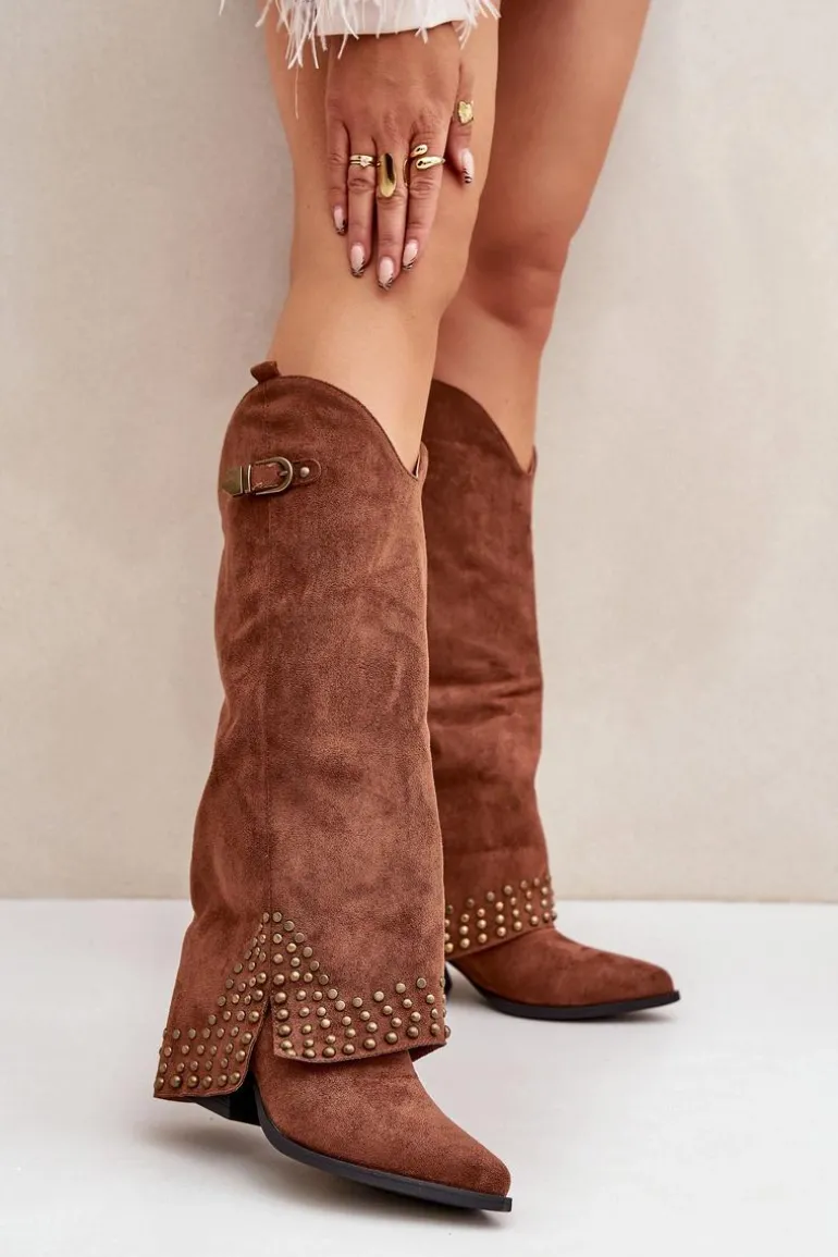 Kozaki Z Wywiniętą Cholewką Na Słupku Brązowe Iveliri