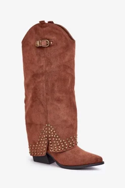 Kozaki Z Wywiniętą Cholewką Na Słupku Brązowe Iveliri