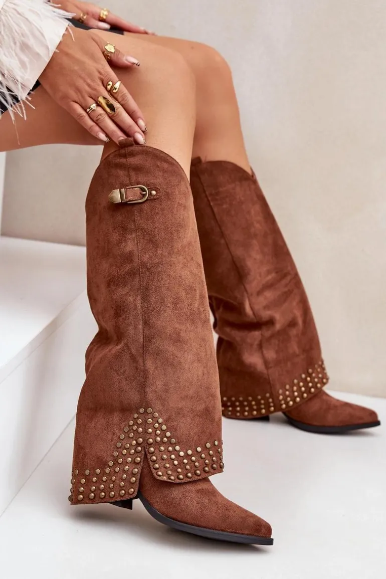 Kozaki Z Wywiniętą Cholewką Na Słupku Brązowe Iveliri