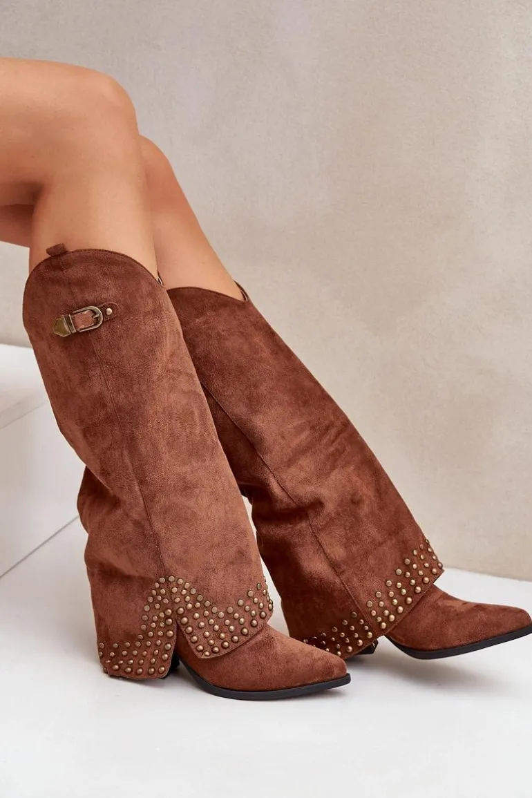 Kozaki Z Wywiniętą Cholewką Na Słupku Brązowe Iveliri