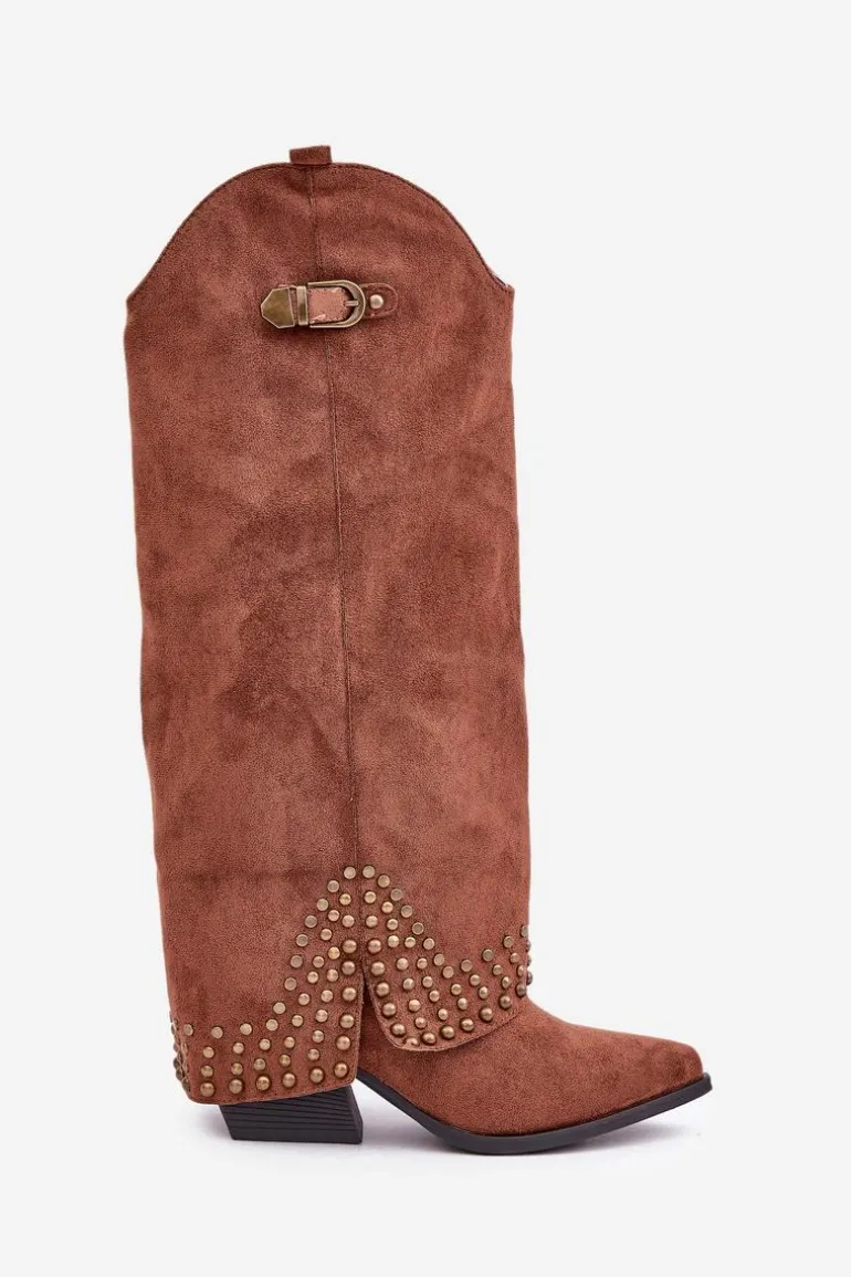 Kozaki Z Wywiniętą Cholewką Na Słupku Brązowe Iveliri