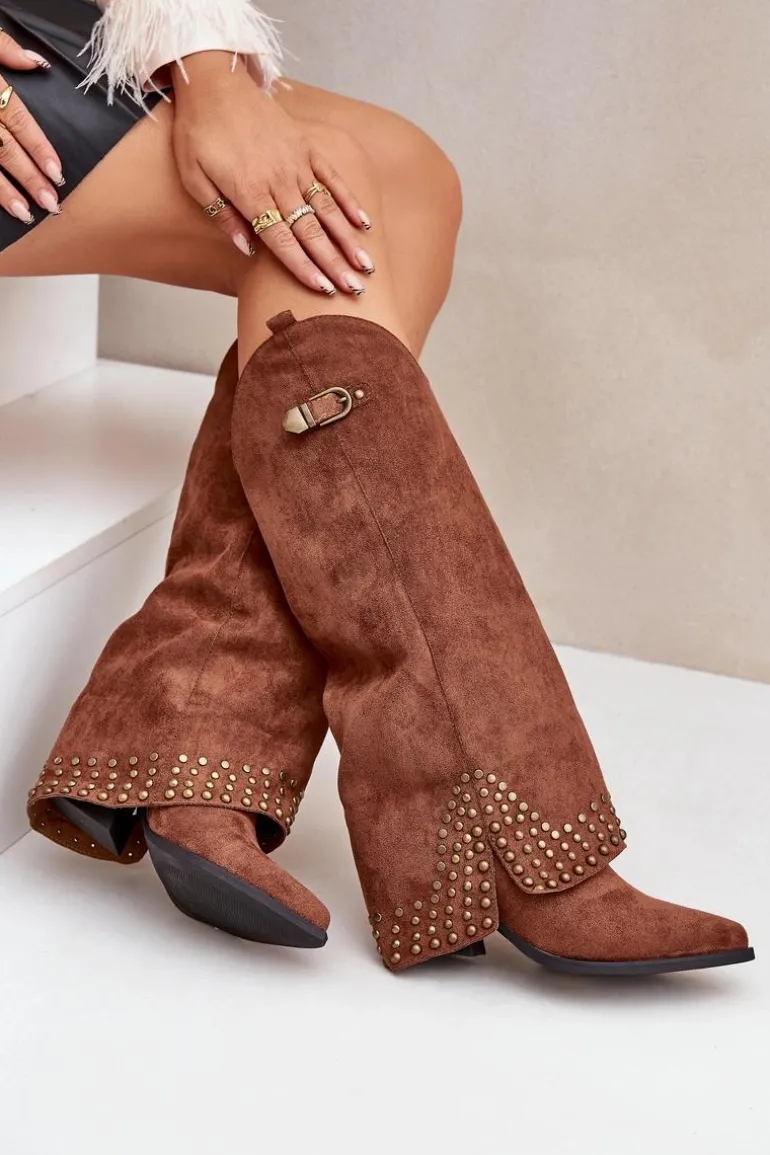 Kozaki Z Wywiniętą Cholewką Na Słupku Brązowe Iveliri