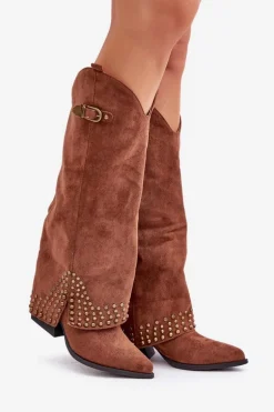 Kozaki Z Wywiniętą Cholewką Na Słupku Brązowe Iveliri