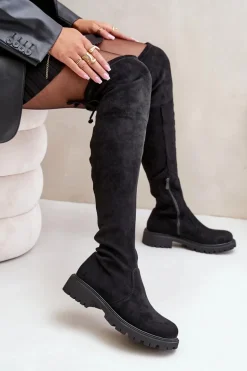 Kozaki Za Kolano Na Płaskim Obcasie Z Eko Zamszu Czarne Arkelia