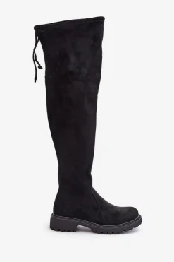 Kozaki Za Kolano Na Płaskim Obcasie Z Eko Zamszu Czarne Arkelia