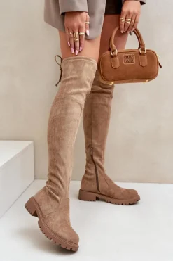 Kozaki Za Kolano Na Płaskim Obcasie Z Eko Zamszu Beżowe Arkelia