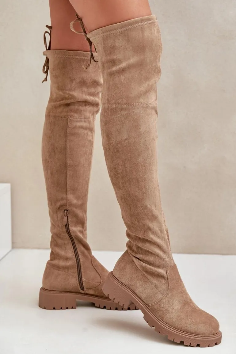 Kozaki Za Kolano Na Płaskim Obcasie Z Eko Zamszu Beżowe Arkelia