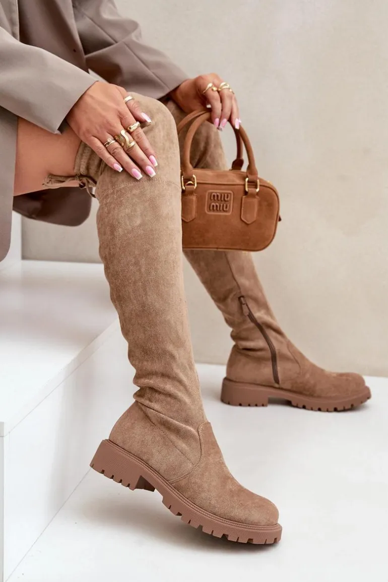 Kozaki Za Kolano Na Płaskim Obcasie Z Eko Zamszu Beżowe Arkelia