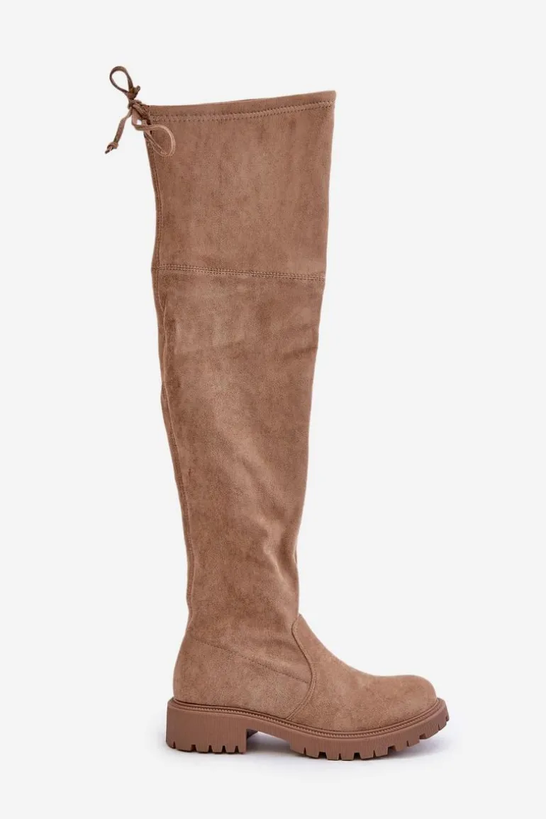 Kozaki Za Kolano Na Płaskim Obcasie Z Eko Zamszu Beżowe Arkelia