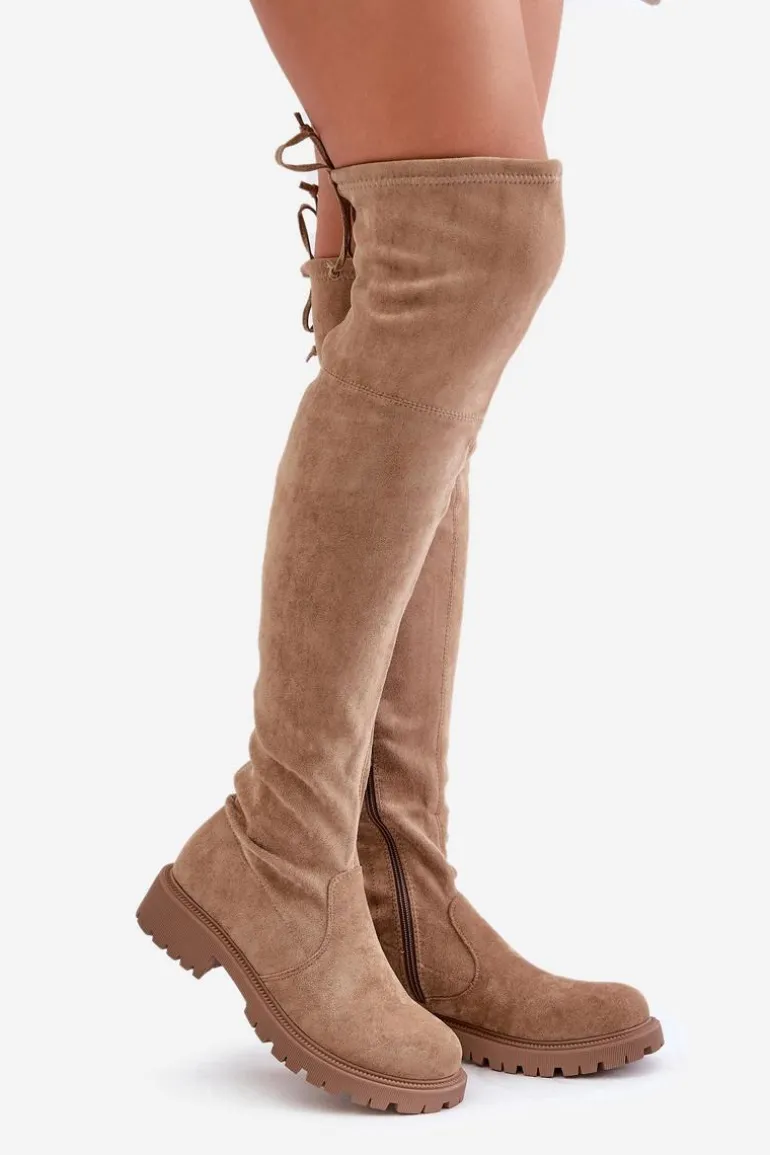 Kozaki Za Kolano Na Płaskim Obcasie Z Eko Zamszu Beżowe Arkelia