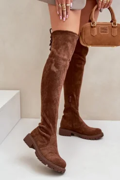 Kozaki Za Kolano Na Płaskim Obcasie Z Eko Zamszu Brązowe Arkelia