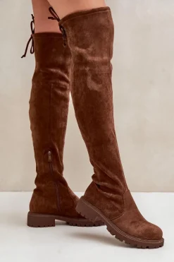 Kozaki Za Kolano Na Płaskim Obcasie Z Eko Zamszu Brązowe Arkelia