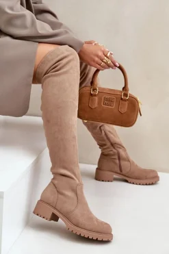 Kozaki Za Kolano Na Płaskim Obcasie Beżowe Filora