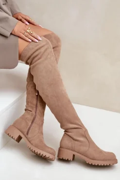 Kozaki Za Kolano Na Płaskim Obcasie Beżowe Filora