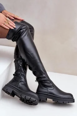 Kozaki Za Kolano Na Płaskim Obcasie Czarne Feliri