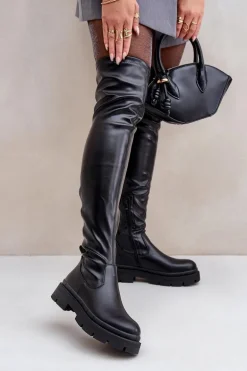 Kozaki Za Kolano Na Płaskim Obcasie Czarne Feliri