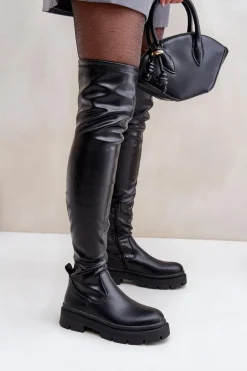 Kozaki Za Kolano Na Płaskim Obcasie Czarne Feliri