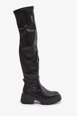 Kozaki Za Kolano Na Platformie I Płaskim Obcasie Z Eko Skóry Czarne Loreviana