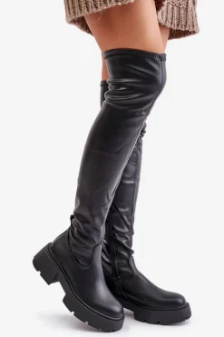 Kozaki Za Kolano Na Platformie I Płaskim Obcasie Z Eko Skóry Czarne Loreviana