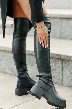 Kozaki Za Kolano Na Platformie I Płaskim Obcasie Z Eko Skóry Czarne Loreviana