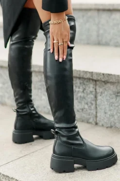 Kozaki Za Kolano Na Platformie I Płaskim Obcasie Z Eko Skóry Czarne Loreviana