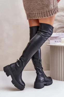 Kozaki Za Kolano Na Platformie I Płaskim Obcasie Z Eko Skóry Czarne Loreviana