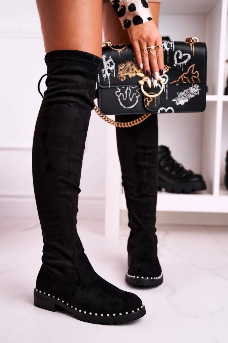 Kozaki Za Kolano Z Perełkami Zamszowe Czarne Isabel