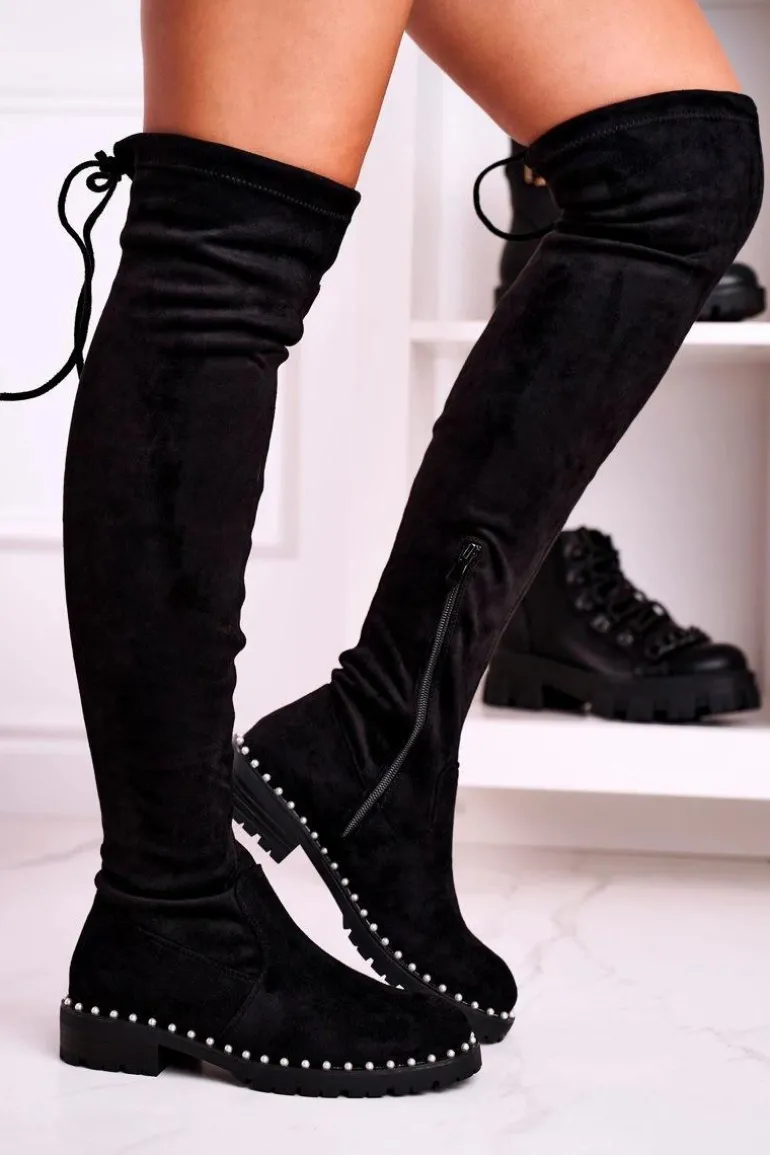 Kozaki Za Kolano Z Perełkami Zamszowe Czarne Isabel