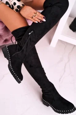 Kozaki Za Kolano Z Perełkami Zamszowe Czarne Isabel