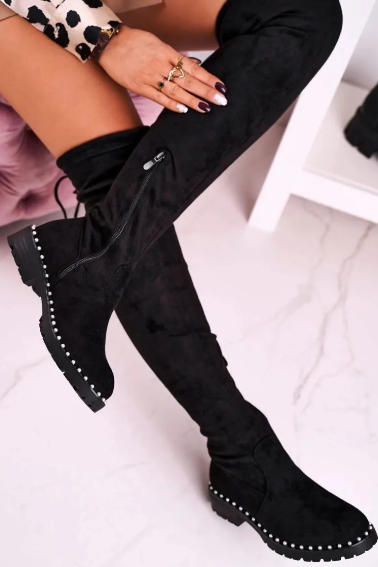 Kozaki Za Kolano Z Perełkami Zamszowe Czarne Isabel