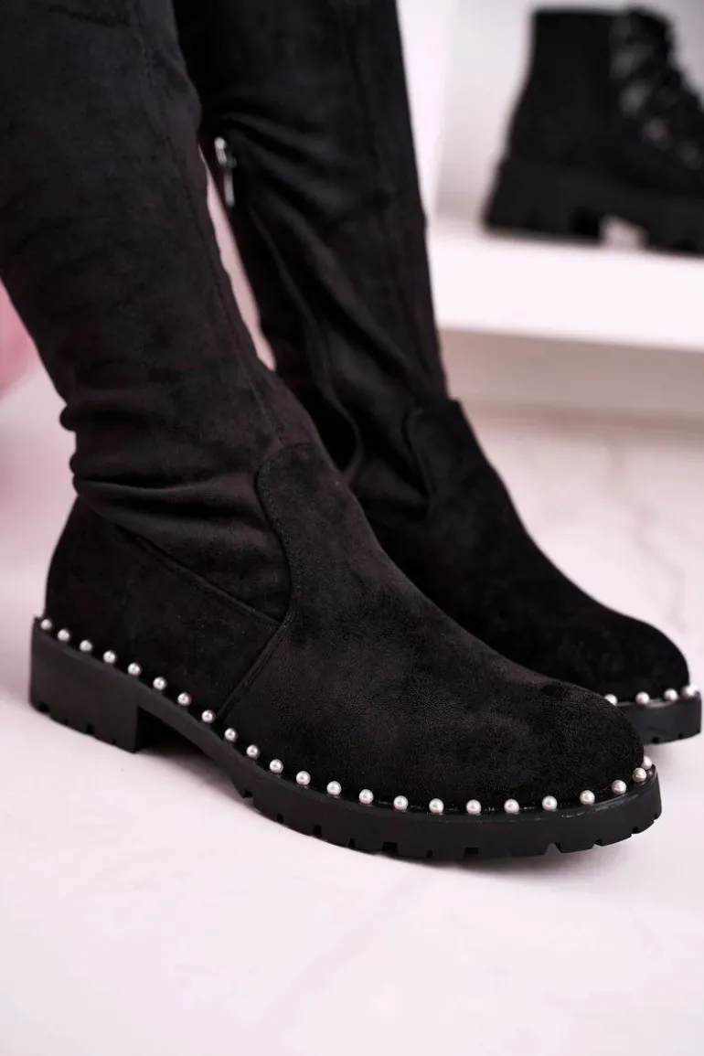 Kozaki Za Kolano Z Perełkami Zamszowe Czarne Isabel