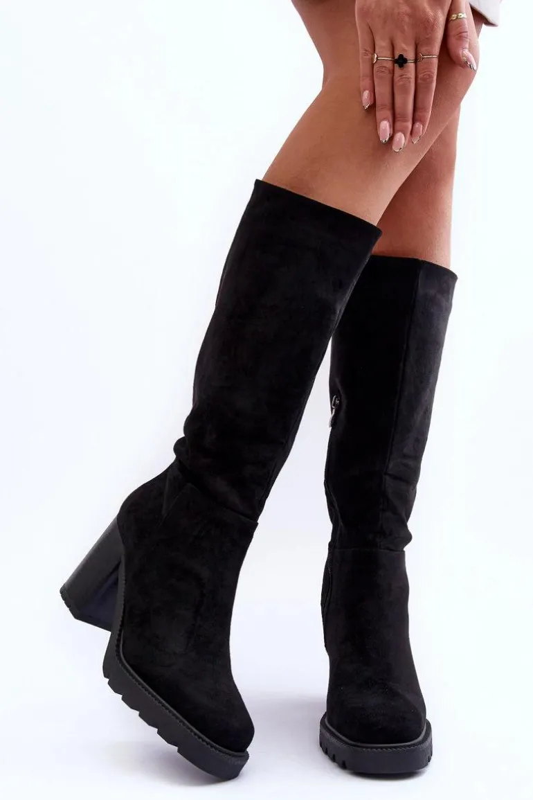 Kozaki Zamszowe Na Masywnym Obcasie Czarne Virdana