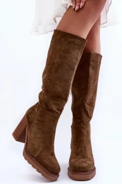 Kozaki Zamszowe Na Masywnym Obcasie Oliwkowe Virdana