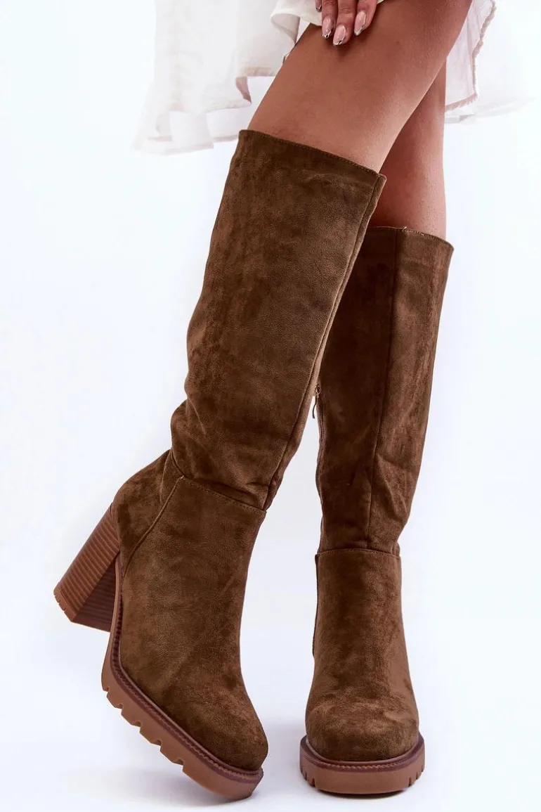 Kozaki Zamszowe Na Masywnym Obcasie Oliwkowe Virdana