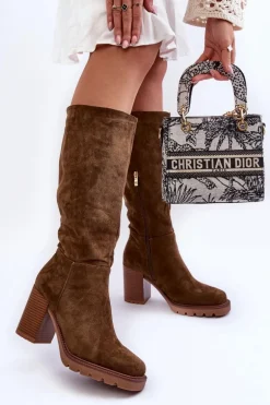 Kozaki Zamszowe Na Masywnym Obcasie Oliwkowe Virdana