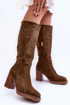 Kozaki Zamszowe Na Masywnym Obcasie Oliwkowe Virdana