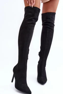 Kozaki Zamszowe Za Kolano Na Szpilce Czarne Calfi