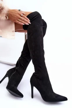 Kozaki Zamszowe Za Kolano Na Szpilce Czarne Calfi