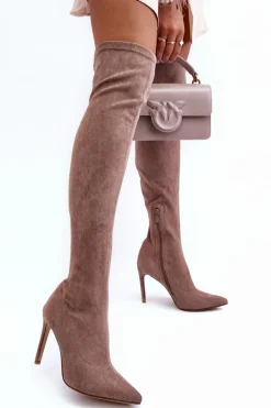 Kozaki Zamszowe Za Kolano Na Szpilce Beżowe Calfi